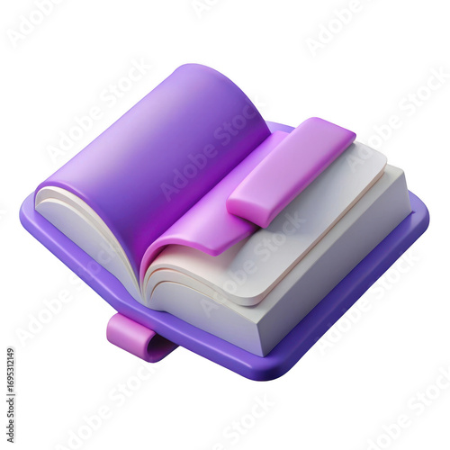 Open purple book symbol with pages and bookmark illustration