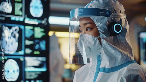 Asian Female Medical Professional in Hazmat Suit Examining Brain Scans on Monitors in Dimly Lit Research Lab