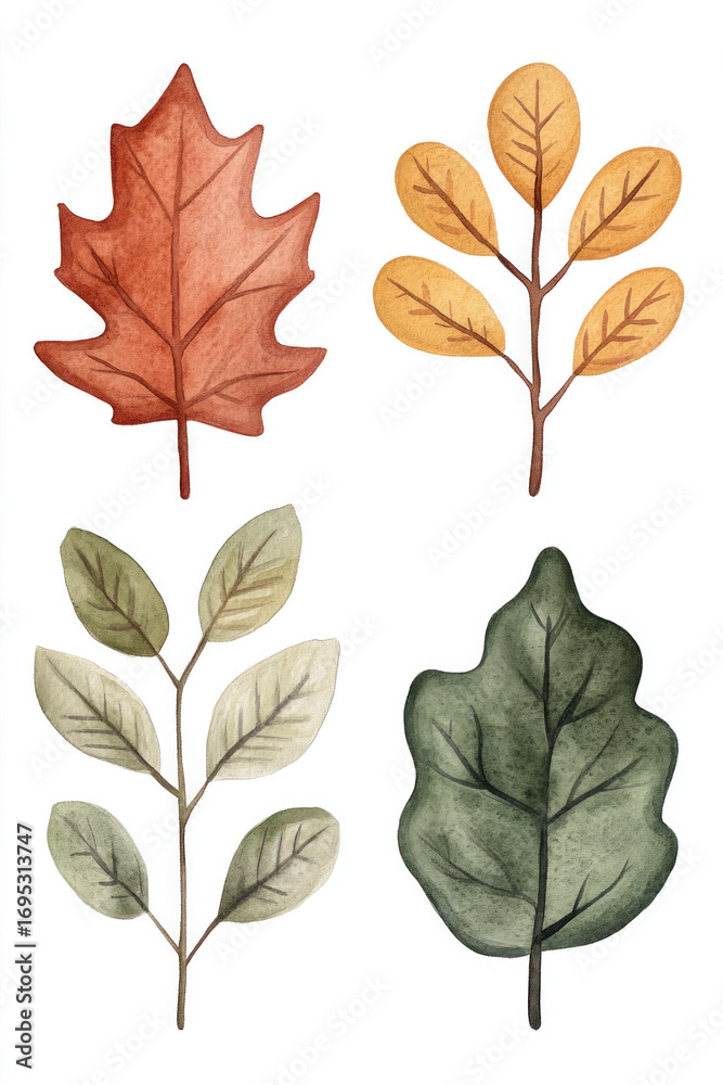 Naklejka premium Watercolor illustration featuring four autumn leaves in warm hues of red, orange, yellow, and green, arranged against a clean white background with delicate vein details.