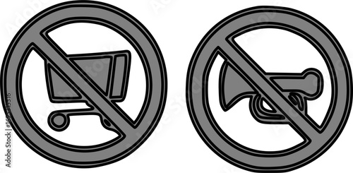 A pair of grey prohibition signs, one for no shopping carts and one for no horns, on a white background.