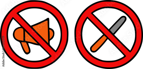 Two red prohibition signs, one with an orange megaphone and the other with a cigarette, indicating no noise and no smoking.