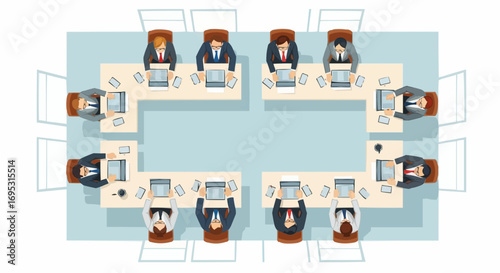 Business meeting conference room vector illustration with people and laptops top view for presentation use vector