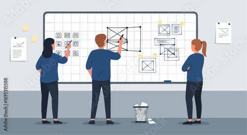 Team collaboration brainstorming session for ux design website wireframe on whiteboard in office space vector