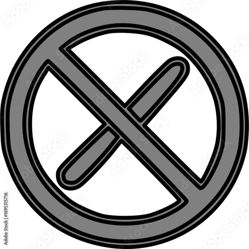 A grayscale prohibition symbol icon featuring a bold X mark within a circle and diagonal slash.