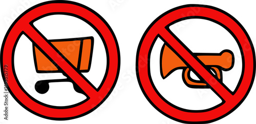 Two prohibition signs, one for shopping carts and one for horns, with a red circle and a diagonal slash through the center.