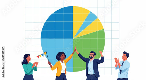 Business team celebrating success with pie chart analysis and data visualization showing market growth rate vector