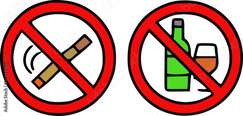 Two signs indicating prohibitions: no smoking and no alcohol consumption allowed.