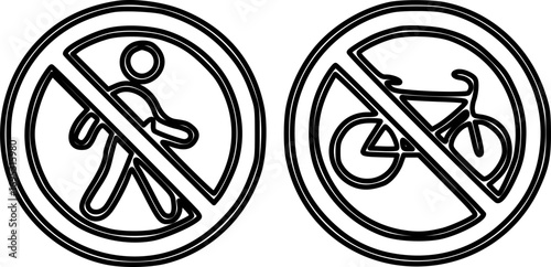 Black and white outline icons depicting no pedestrian and no cycling signs, indicating prohibited access for walkers and bicycles.