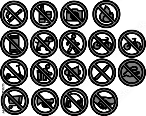 Collection of various prohibition signs, indicating restrictions on activities and items within a specific area.