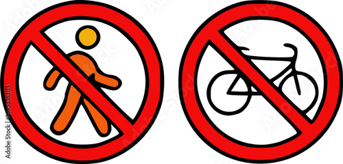 A pair of prohibition signs indicating no pedestrians and no bicycles allowed, isolated on a white background.