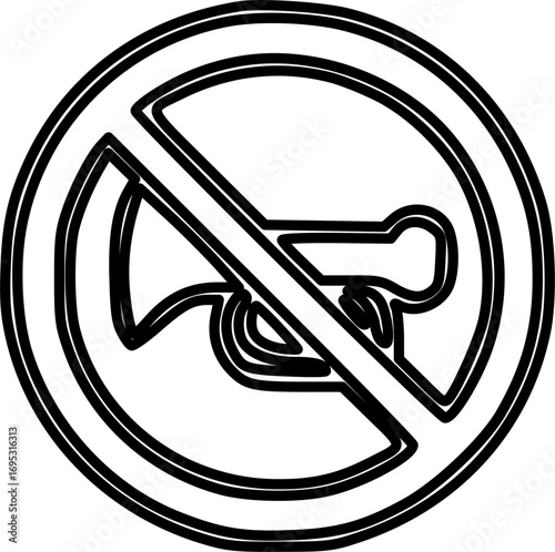 Black and white image of a no honking sign, prohibiting the use of horns.