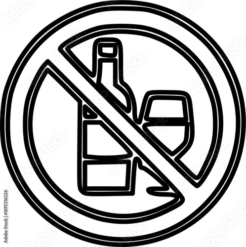 No alcohol sign: prohibition symbol of wine bottle and glass.