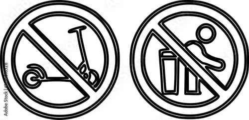 Two black and white prohibition signs, one banning electric scooters and the other banning littering.