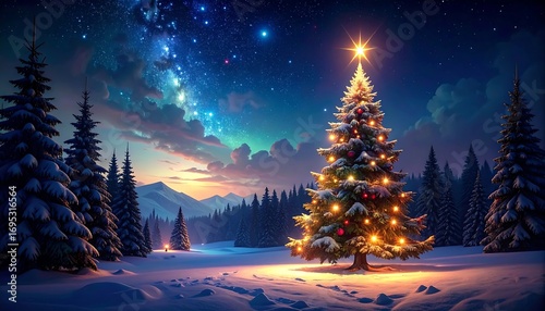 Snowy Christmas tree at night in a forest