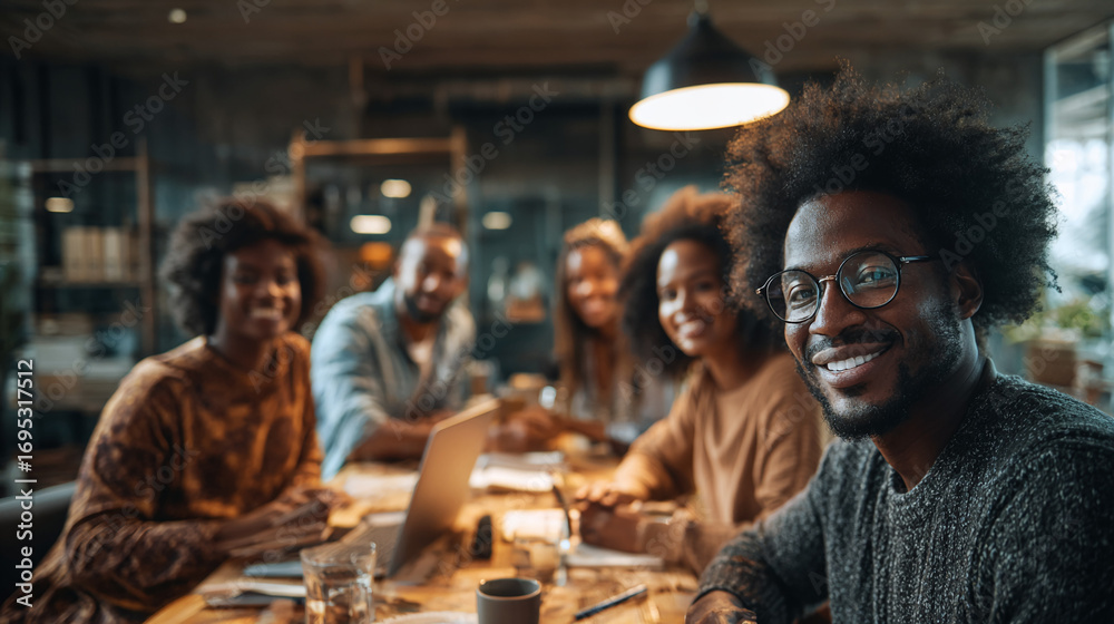 Obraz premium Diverse group of smiling people gathered around a table in a bright office setting