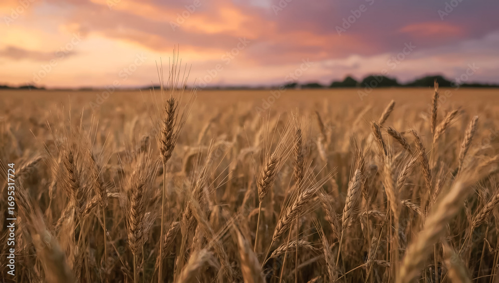 Obraz premium Closeup of ripe wheat ears in a vast field at sunset, with a glowing purple-orange sky in the background. A serene and golden moment, capturing the beauty of nature and the harvest season.