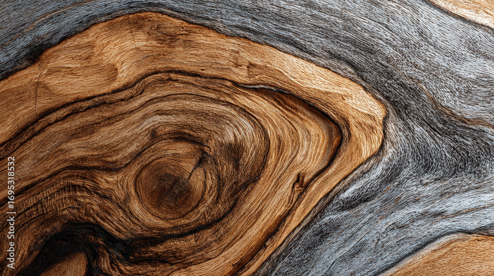 Fototapeta premium Detailed macro view of an intricate wood grain with organic flowing lines and swirls