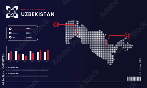 Rounded square dot map of Uzbekistan with infographic presentation template use for design element