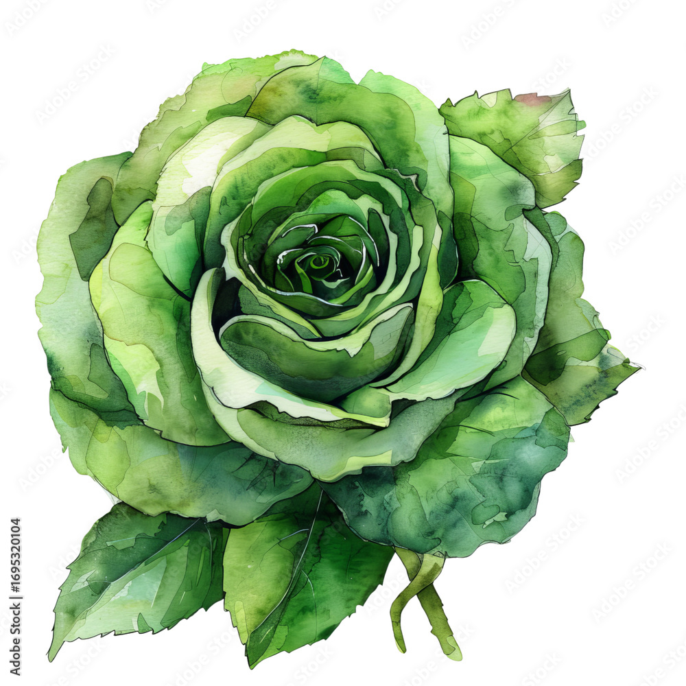 Fototapeta premium Single watercolor green rose with leaves on transparent background