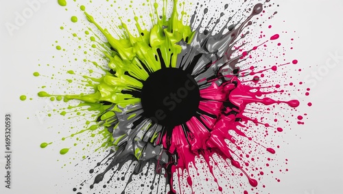 Neon green & magenta paint splash circle on white — abstract black-center burst with liquid ink drips, modern banner background for marketing, posters, web headers & creative design