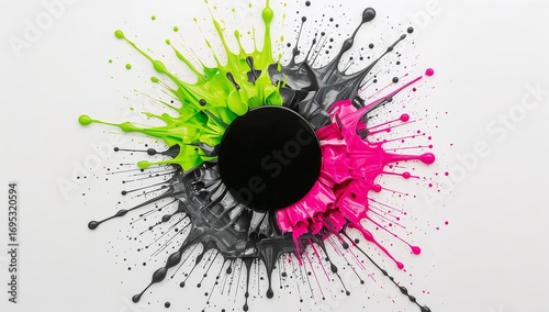 Neon green & magenta paint splash circle on white — abstract black-center burst with liquid ink drips, modern banner background for marketing, posters, web headers & creative design