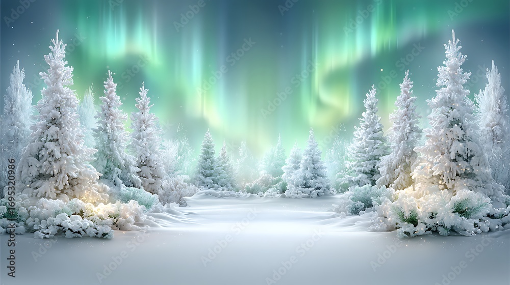 Fototapeta premium Snow Covered Evergreen Forest Illuminated by Aurora Borealis