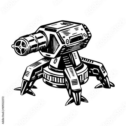 A vintage style illustration showing a defence turret