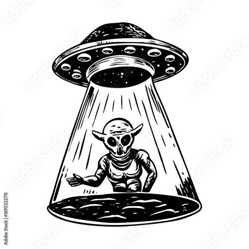 A vintage style illustration depicting an alien abduction