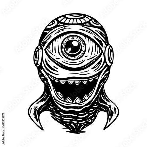 A vintage style illustration depicting a cyclops alien