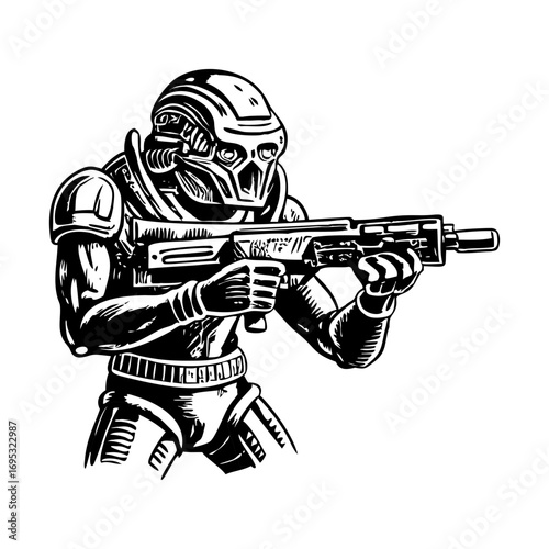 A vintage style illustration showing a cyborg alien