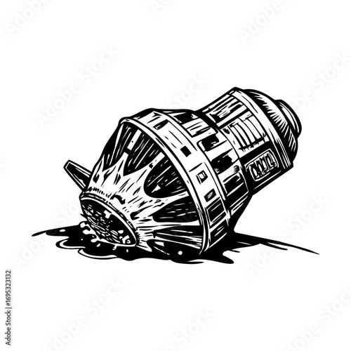 A glyph style illustration representing a spaceship crash