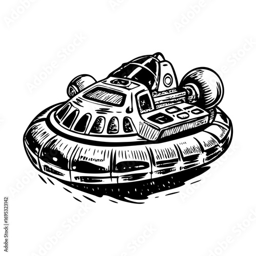 A vintage style illustration showing a space hovercraft