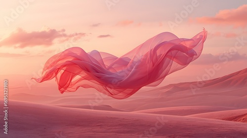 Surreal artwork of flowing pink fabric suspended above soft desert dunes during sunset, blending fashion elegance with dreamy landscape and atmospheric creativity.
