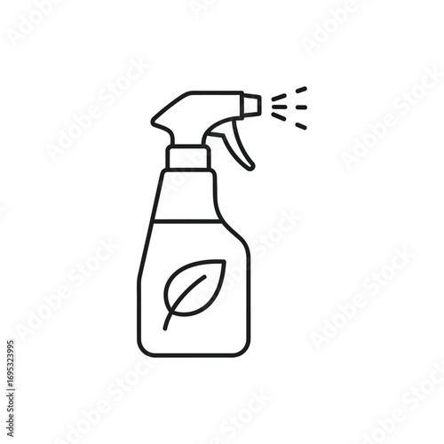 Eco-friendly cleaning spray, a minimalist line art illustration of a spray bottle with a leaf symbol, representing green cleaning products