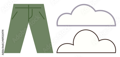 Green trousers with two minimalist cloud drawings, one outlined in gray, the other in black. Ideal for fashion, outdoor, minimalism, eco-friendliness, style, weather concepts simple flat metaphor