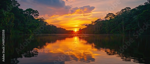 Golden hour over the Amazon rainforest reflecting on a tranquil river surface