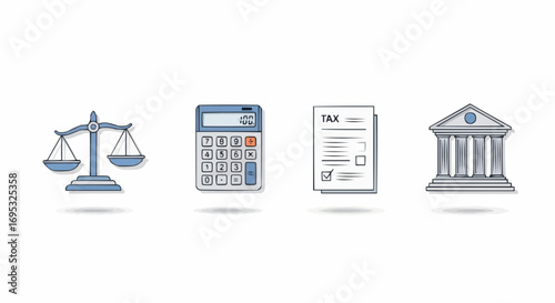 Tax accounting services with balance scale calculator and courthouse for financial business solutions online vector