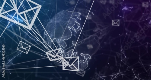 Orbiting wireframe globe in network mesh environment, connecting envelope icons via lines and nodes
