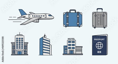 Travel planning essentials airplane suitcase hotel passport buildings for vacation and business trip planning vector