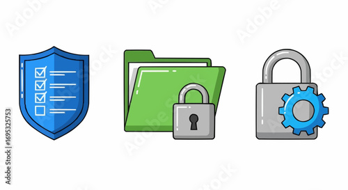 Security data protection concept with shield folder and padlock for privacy and confidential access control vector
