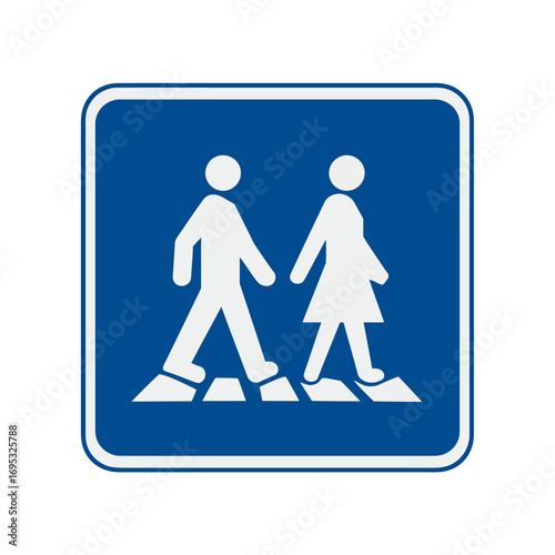 Prominent blue square sign with white pedestrian figures, clearly marking a safe designated crossing area for people and enhancing road safety