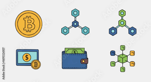 Bitcoin cryptocurrency blockchain technology digital wallet and online money transfer illustration design vector