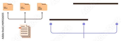 Three folders linked to stacked documents, showcasing file management and data hierarchy. Ideal for workflow, network, archiving, team collaboration, project planning, file sharing, simple flat