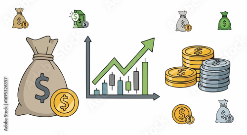 Financial growth chart with money bags and coins showing investment success and economic development vector vector