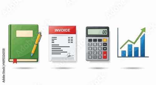 Accounting bookkeeping finance management concept with calculator invoice notebook and growth chart icon set vector