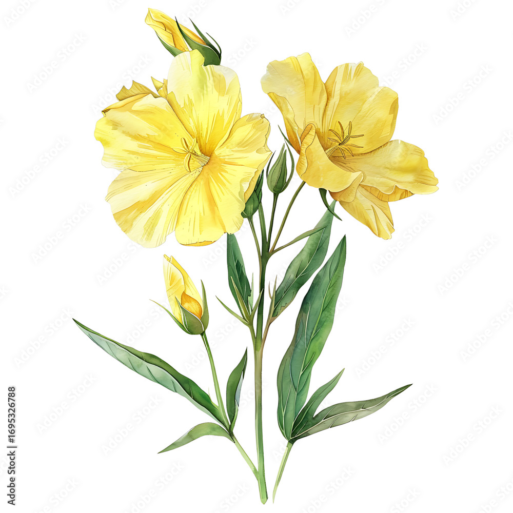 Fototapeta premium Watercolor yellow evening primrose flower bouquet on transparent background
