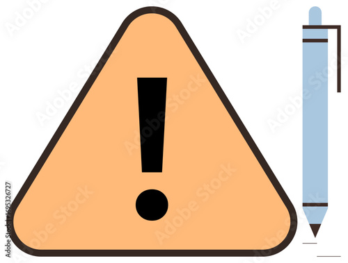 Exclamation mark in triangle emphasizes caution or alertness, adjacent pen represents documentation. Ideal for safety, compliance, instructions, attention, warnings, reminders, education themes
