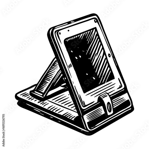 A vintage style illustration depicting a tablet stand