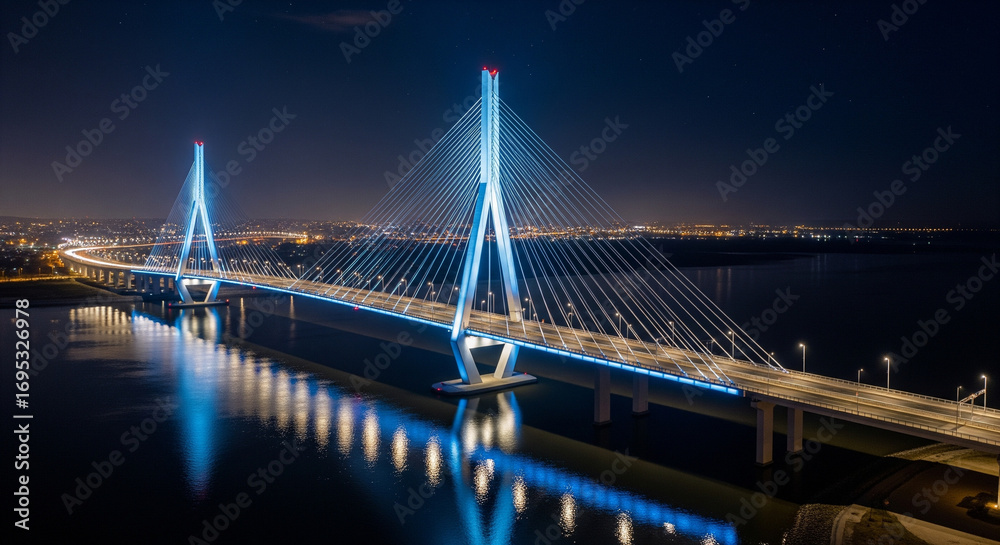 Fototapeta premium Illuminated CableStayed Bridge at Night with Water Reflections 1.