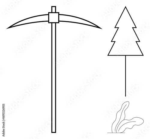 Pickaxe with a wooden shaft near a stylized pine tree and small plants. Ideal for agriculture, forestry, mining, sustainability, resourcefulness, nature conservation, and renewable resources